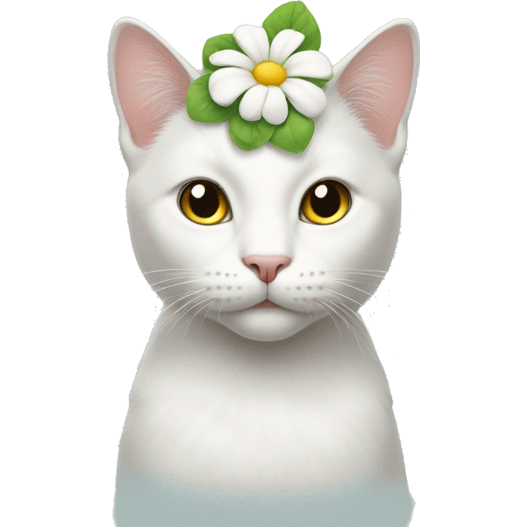 A white cat wears a flower on its head. emoji