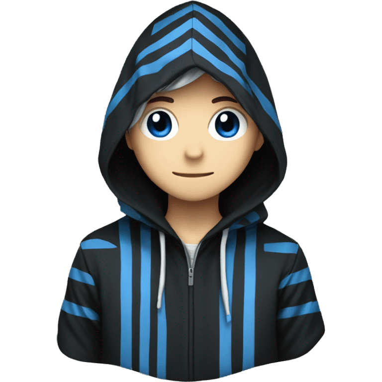 Make an anime with a person with a hood which is black and has some blue stripes and the same pattern for the cloths emoji