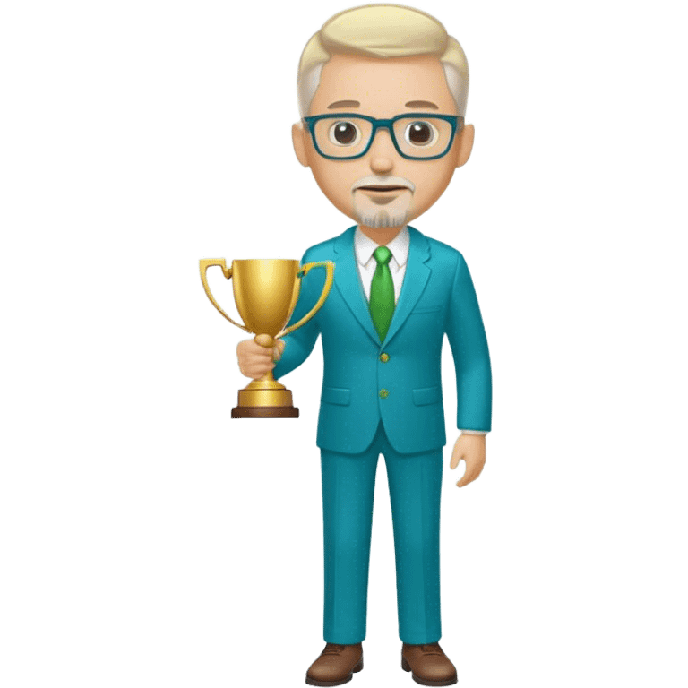 Full Body white male husky in body type  wearing glasses with a goatee with light blonde gray very short hair basketball head Coach in blue and green suit holding trophy emoji