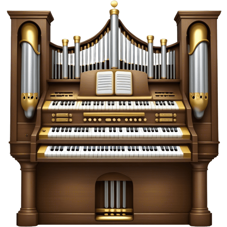 Create an elegant and majestic emoji representing a classical church organ. The emoji should feature the grand pipes of the organ in the background, with visible details of the keys and pedalboard in the foreground. The pipes should be tall and impressive, with a mixture of gold, silver, and metallic shades to emphasize the grandeur of the instrument. The keyboard and pedals should be well-defined, capturing the intricate craftsmanship of the organ. Use dark wood tones and gold accents for the body of the instrument to give it a rich, historic feel. Add subtle musical notes around the organ to evoke its deep, resonant sound. The background should be transparent. emoji