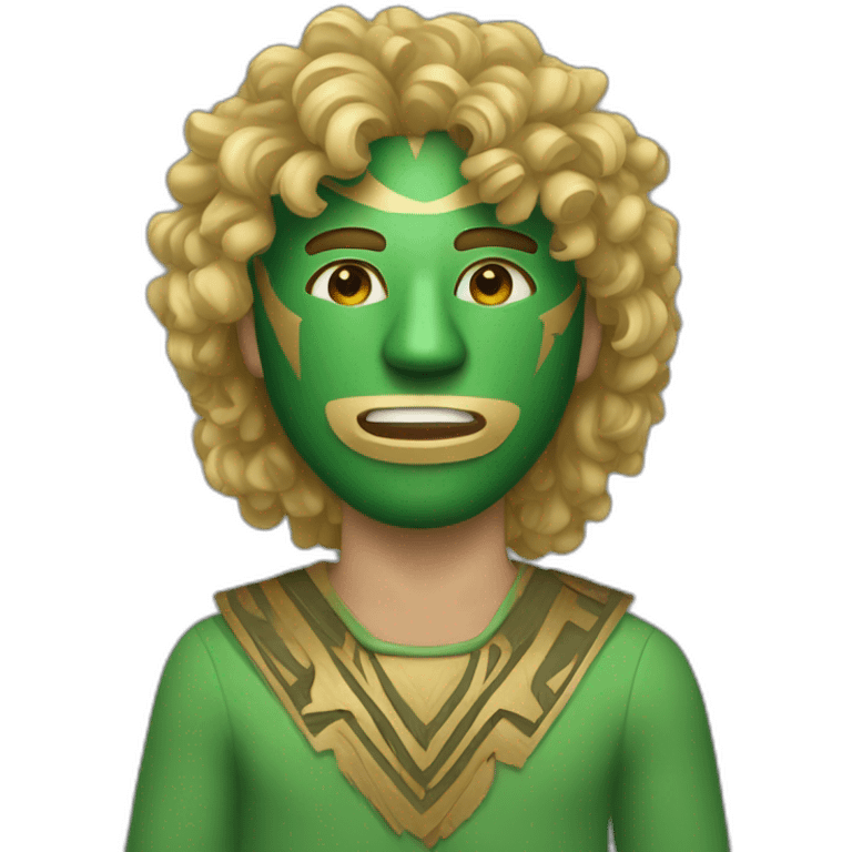 A man wearing a green wooden tribal mask with medium length blonde curly hair emoji