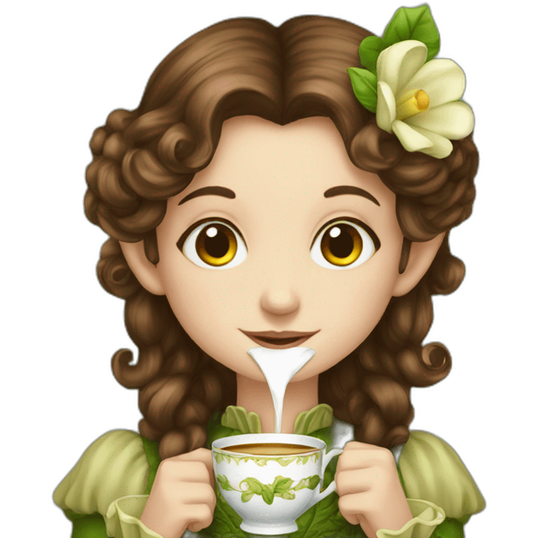 Brown haired victorian elf sipping tea emoji