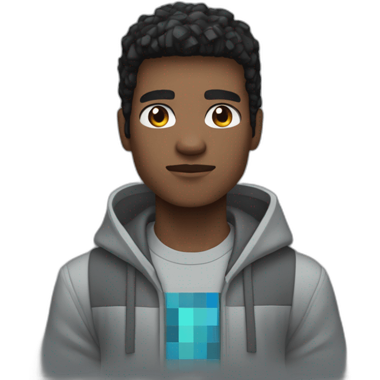 young black hair man with gray-blue eyes dressed in a gray minecraft hoodie emoji