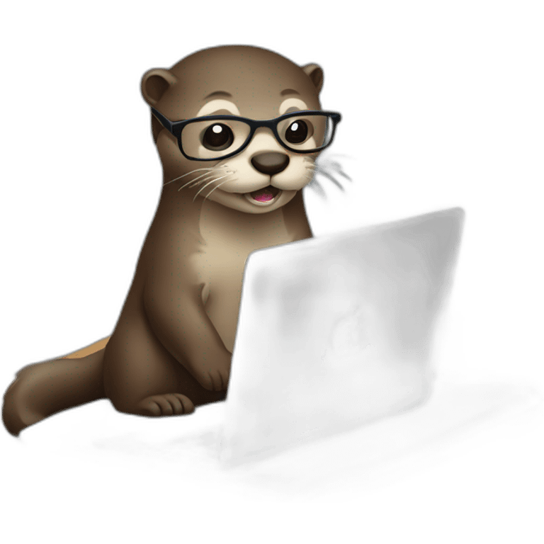 otter wearing eyeglasses leaning against a pillow using a macbook emoji