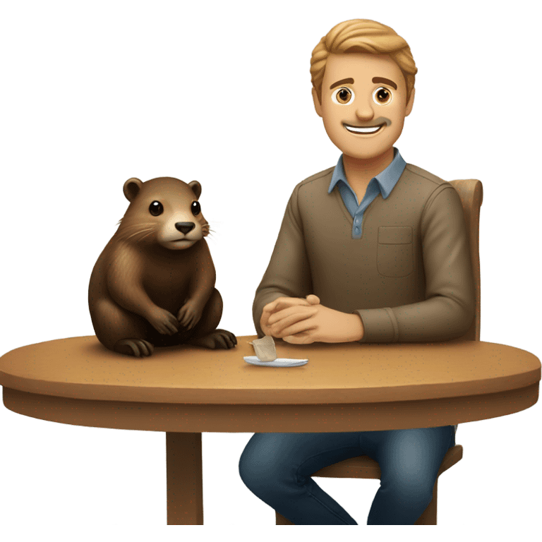 A guy is sitting with a beaver at a table emoji