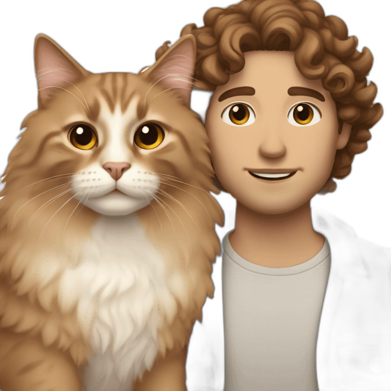 White man with brown curly hair, brown eyes, thick eyebrows, sharp jawline, bigger nose holding Ragdoll cat emoji