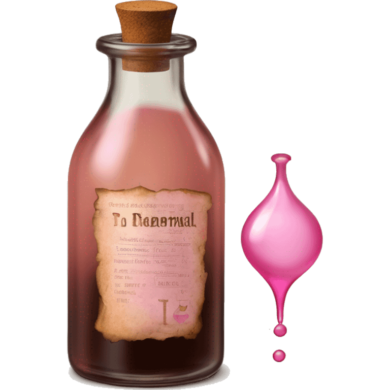 Mysterious Alchemical vintage glass potion bottle, exquisite bottle shape, old and shabby, with label, stylish and minimalistic, brown and pink, oil potion is poured out of the bottle, oil is spilled next to it emoji