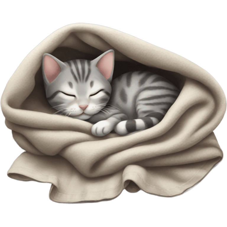 Gray tabby kitten sleeping inside blanket emoji