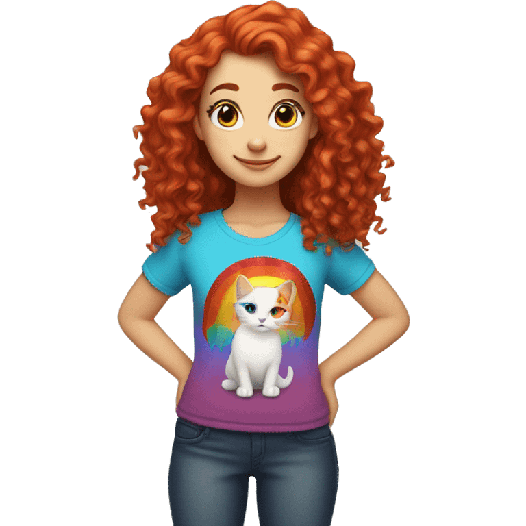 white girl with long red curly hair, wearing a rainbow cat shirt doing a pose emoji