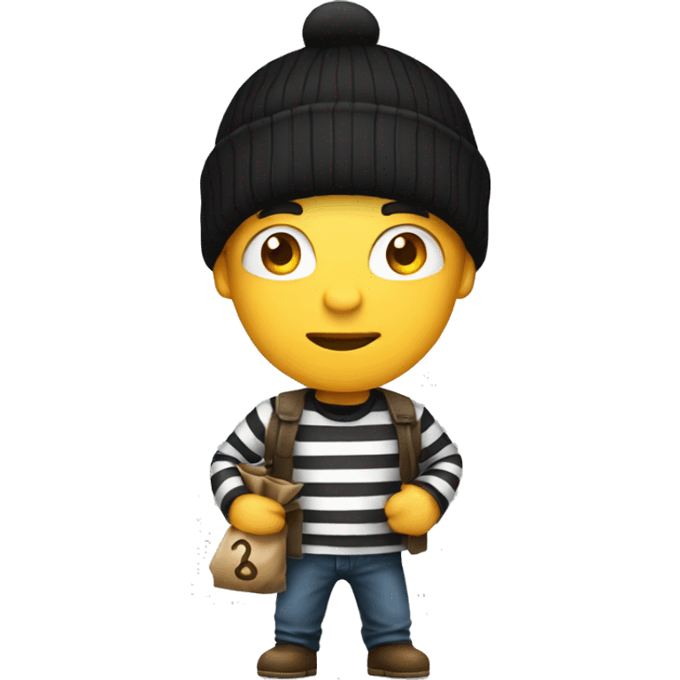 robber wearing criminal striped shirt, a black beanie, holding a money sack. emoji