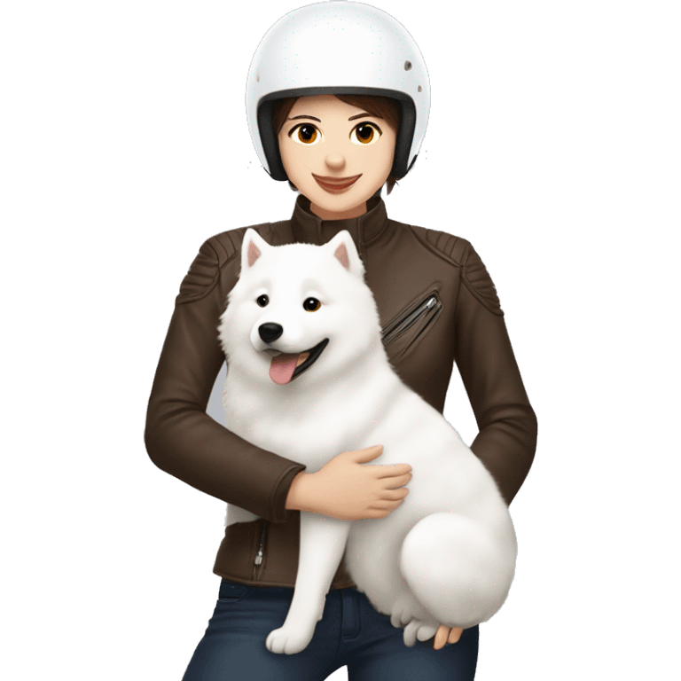 Girl biker white skin and brown short hair with a agv helmet hugging a white Samoyed emoji