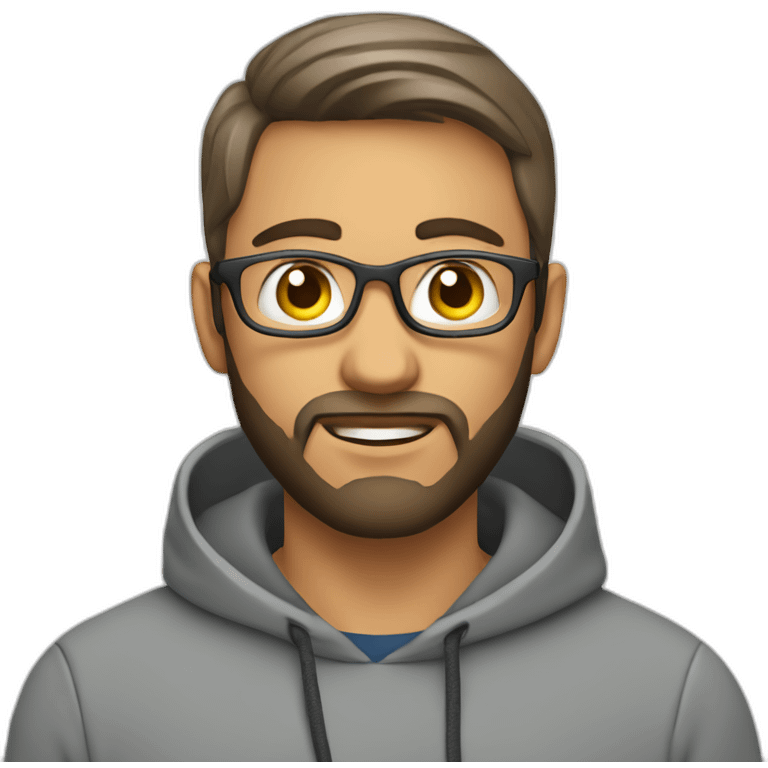 A project manager in a gray hoodie and with a short beard in front of an apple laptop emoji