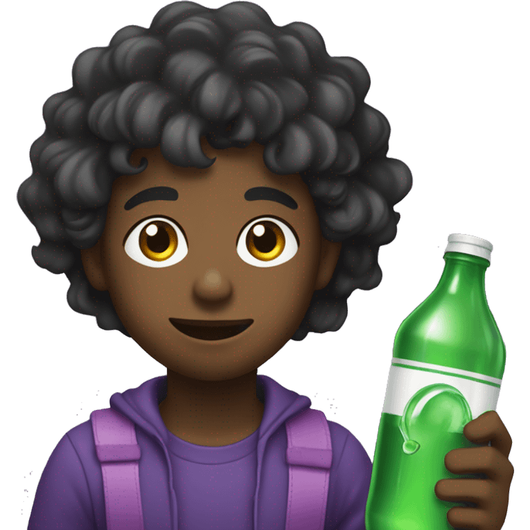 Black kid with wavy hair holding sprite bottle with purple drink in it emoji