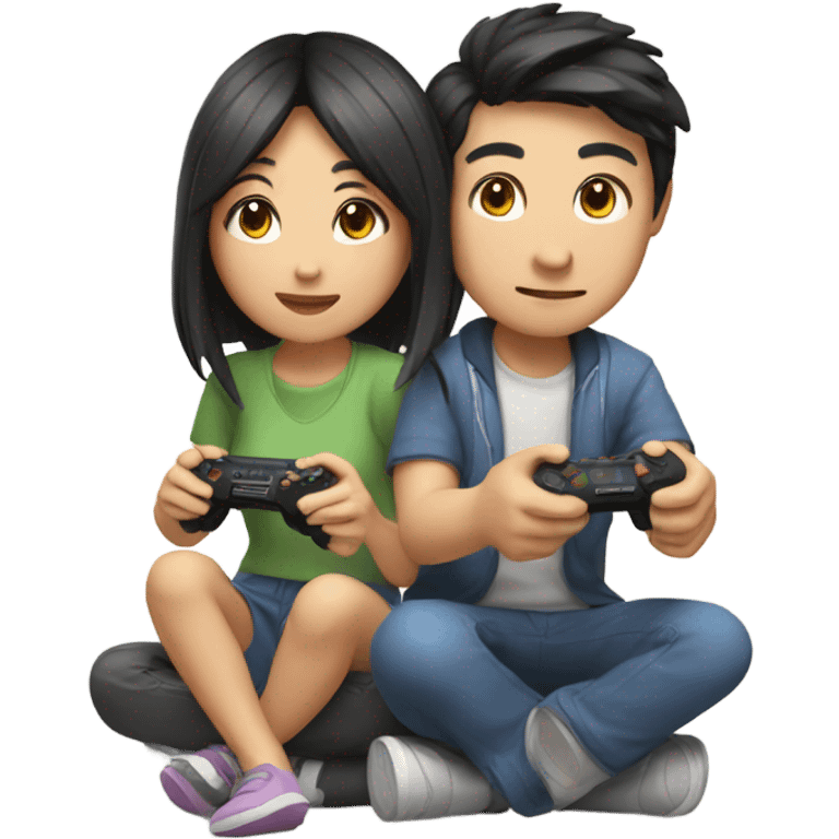 Cute asian couple playing video games emoji