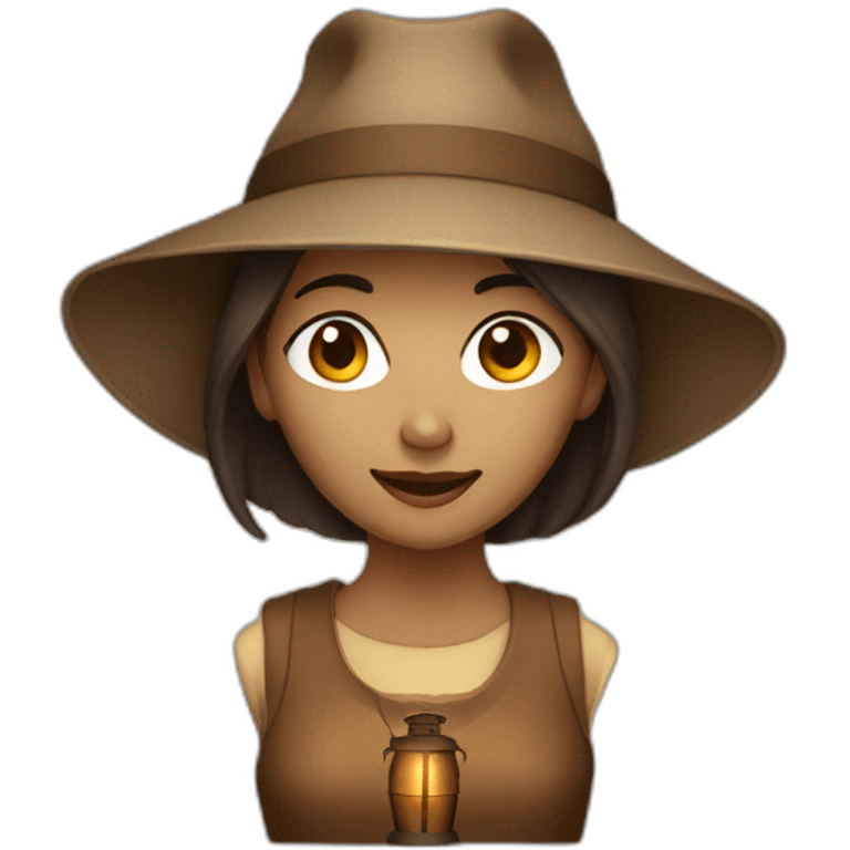 Woman wearing brown clothes and a hat with a lantern emoji