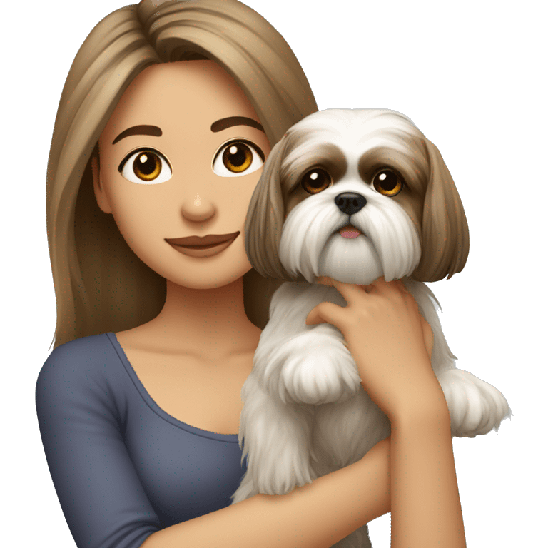 Young woman with a shih tzu in her arms long hair emoji