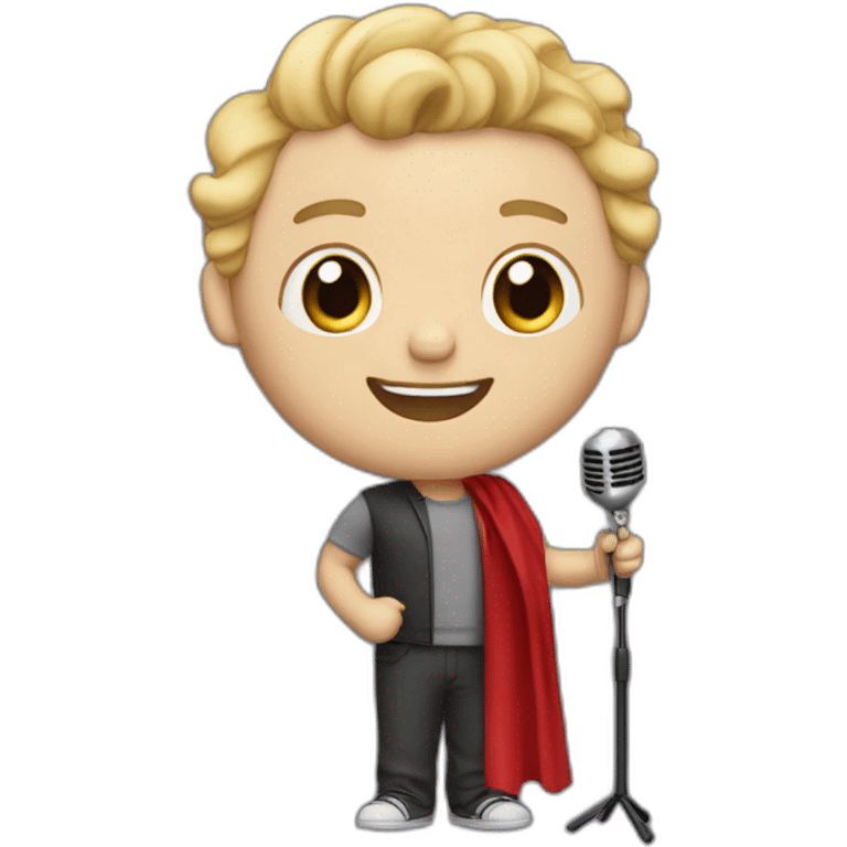 white light skin man person standing in a theater with red curtains standing on elevated stage holding a microphone smiling with light hair emoji