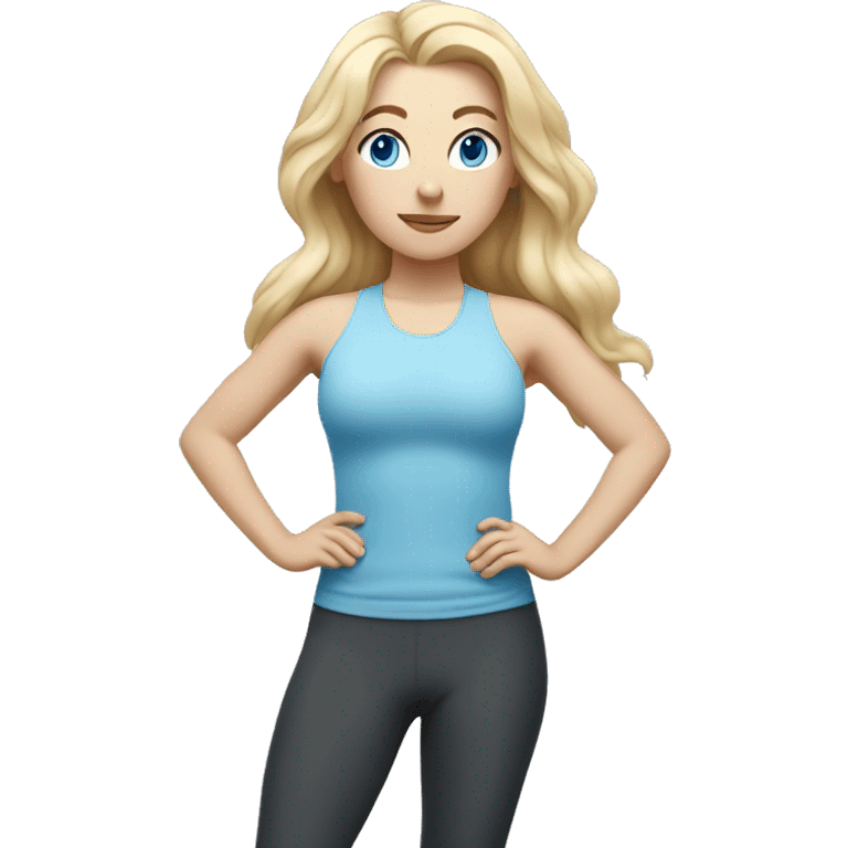 white woman with long blonde hair, blue eyes and cat shaped eyes wearing a yoga outfit standing  emoji