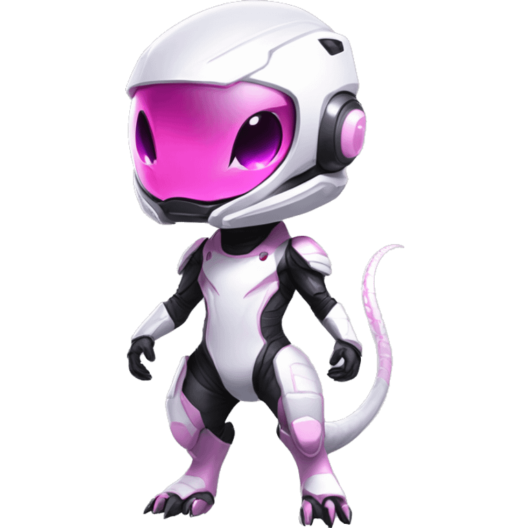 White, Chibi, White body, Anthro-Sona-Lizard-Alien-Salazzle-Mew-Fakémon, with pink eyes, with a futuristic visor-helmet, techwear suit, Full Body emoji