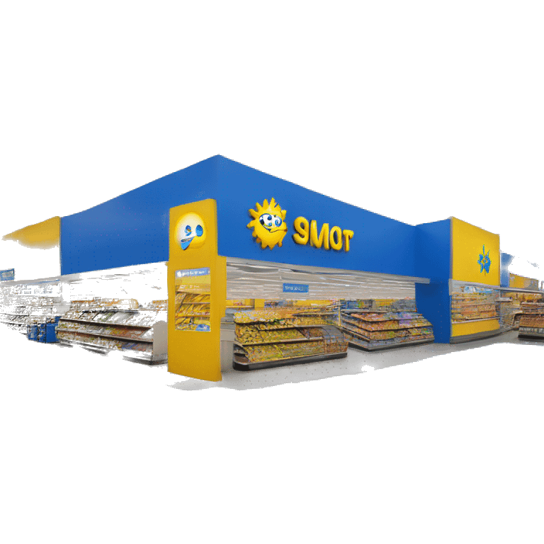 “Walmart store with a simple, recognizable design, featuring the iconic sunburst logo, blue and yellow color scheme, and storefront details that convey a large retail environment.” emoji