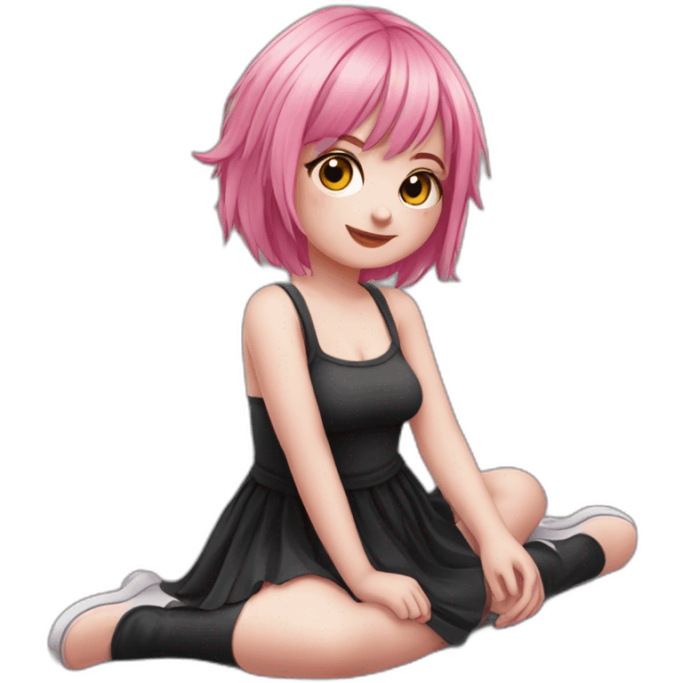 Full body Front view curvy emo girl pink hair sits on the floor straight view hands up black skirt полосатые рваные чулки emoji