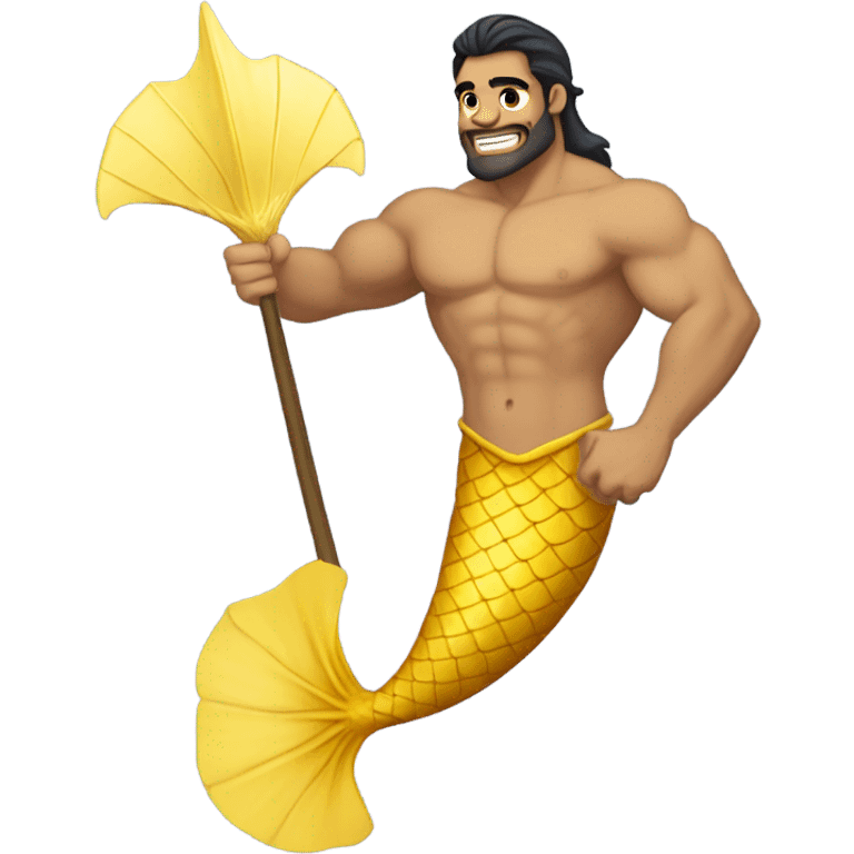 Tan muscular merman with yellow mermaid tail, dark hair and stubble  emoji