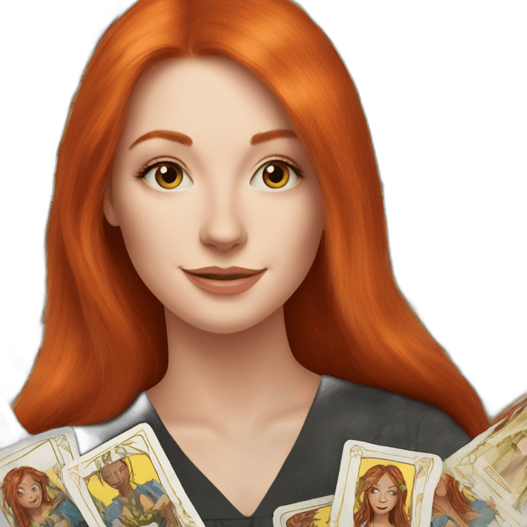 redhead white woman medium long straight hair, celebrating graduation with tarot cards emoji