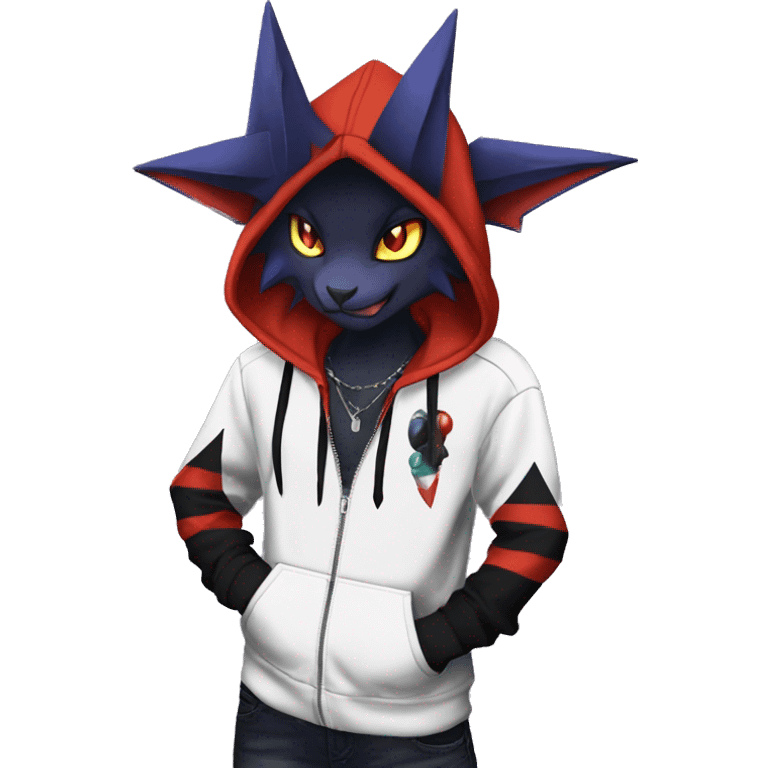 Cool Anthro Black Noivern-Absol-Litten-Pokémon with edgy stripes hoodie spiked collar punk Full Body emoji