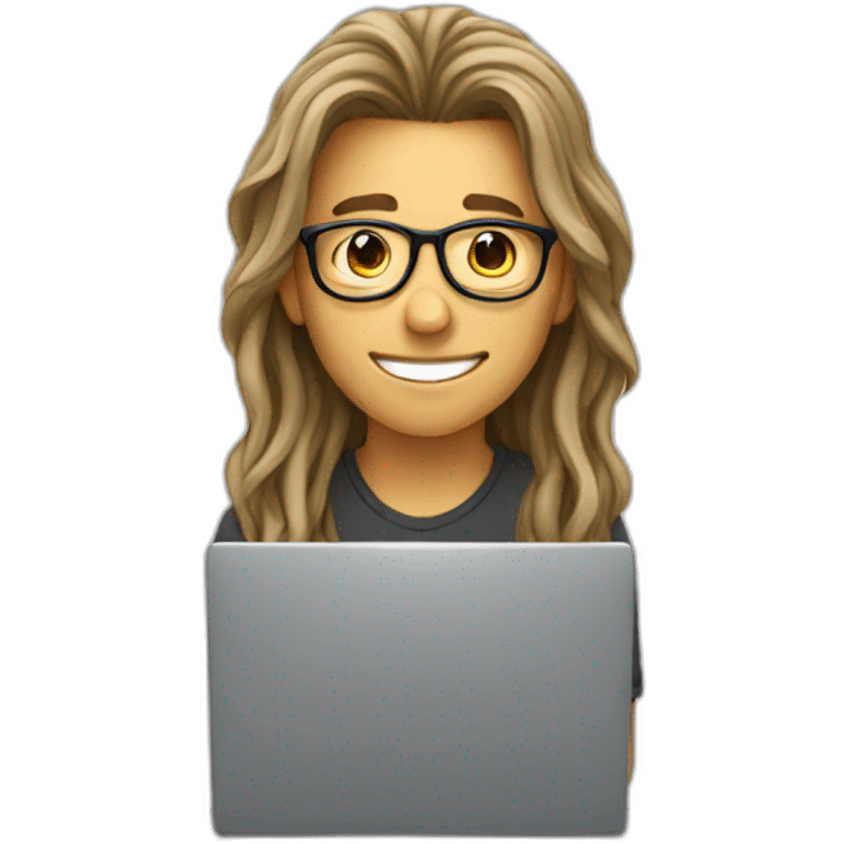 a young man with long hair and wearing glasses sitting with a computercheering emoji