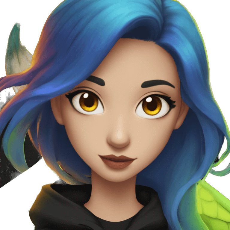 Lady with brunette and iridescent blue hair, gold, lime green dragon wings, black hoodie, bleach dyed, black and gold Nike t shirt, and bright red eyes emoji