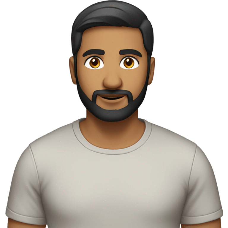 A head and shoulders shot of a 36 year old Indian man, with short black hair, with beard facial hair,   with brown eyes wearing a t-shirt. emoji