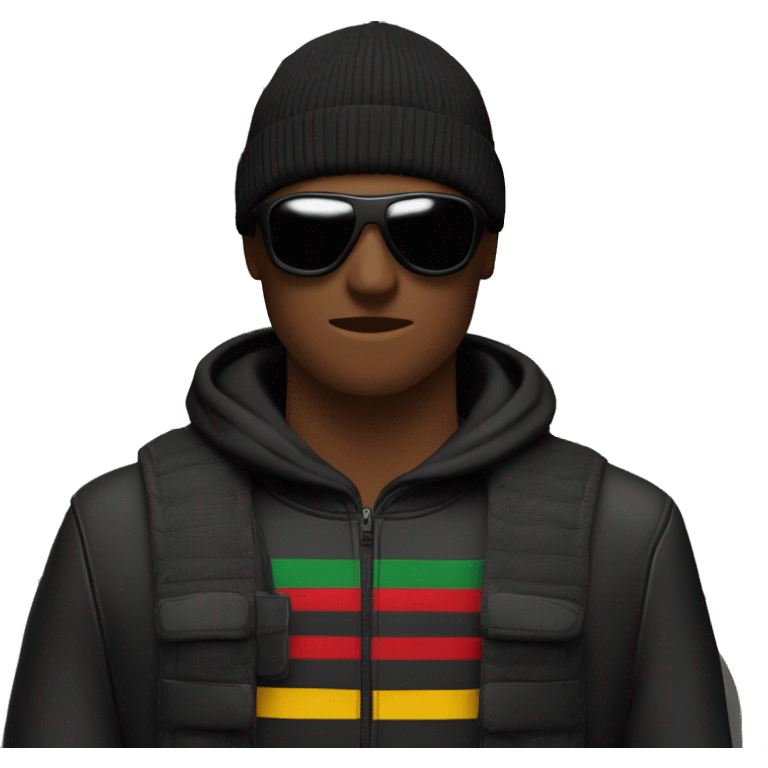 Generate ma a german roadmenwith a gucci bag an fullblack outfit and a ski mask standing emoji