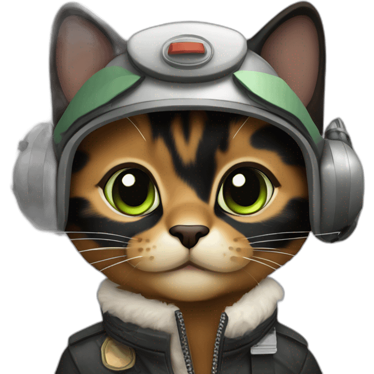 black and brown calico cat without any white and with green eyes dressed as a pilot emoji