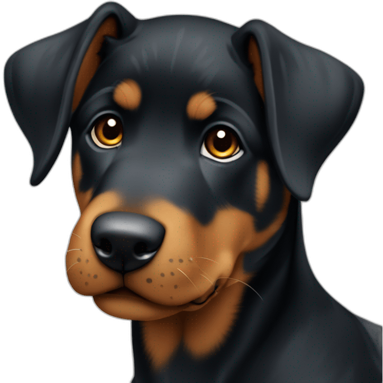 Medium Beauceron puppy with white chest and chin and brown paws and cheeks emoji