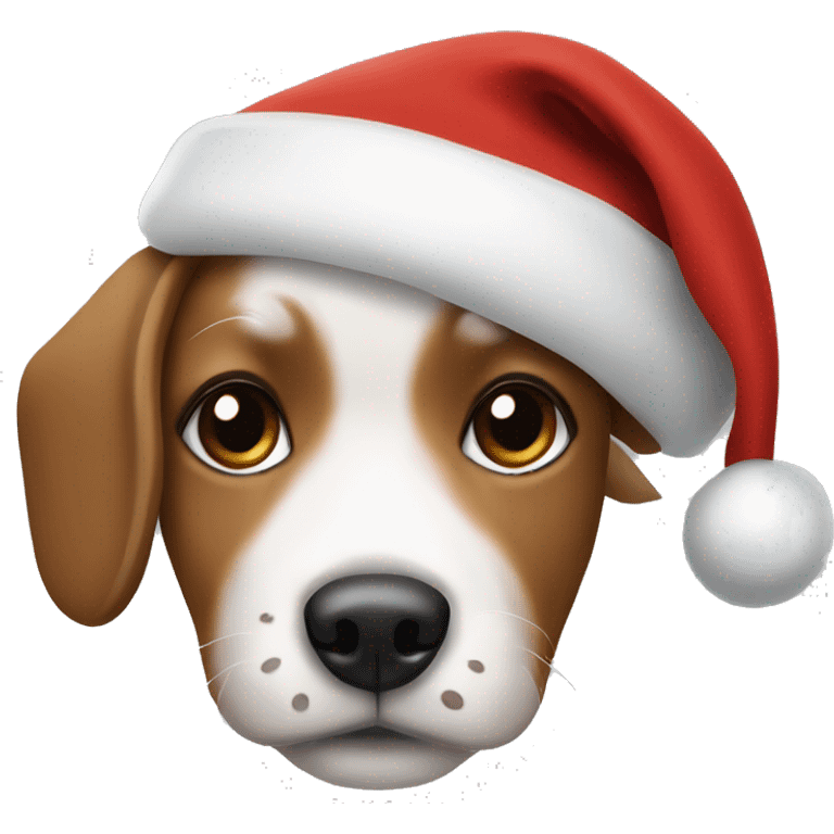 White with brown highlights small dog wearing a Santa hat emoji