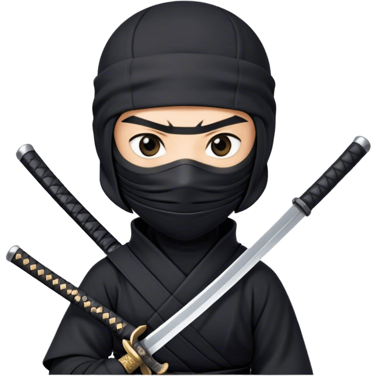  A emoji cartoon-style digital illustration of a ninja dressed in a full black outfit with a face mask, leaving only the eyes visible. The ninja has a serious and focused expression. A katana sword is strapped to their back, with the handle visible over one shoulder. The background is plain white emoji