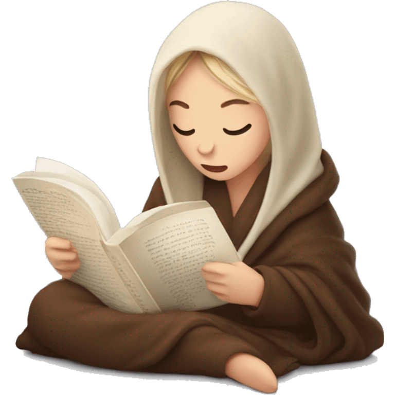 White Girl reading a book under a blanket with coffee in her hands emoji