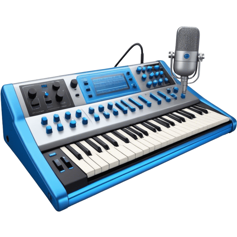 Create a professional and detailed emoji that represents sound design. The design should feature a high-end studio synthesizer (like the Korg), a sound mixing console with visible wires, large studio speakers, and a microphone to symbolize the essential equipment in sound design. Add musical note waves flowing around the equipment to emphasize the connection between sound creation and musical composition. Use sleek, modern colors like black, silver, and neon blue to represent the professional and futuristic nature of sound design. The background should be transparent. emoji