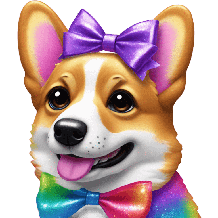 Lisa frank rainbow glitter corgi with ribbon bow on head emoji