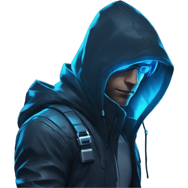 developer behind his laptop with this style : crysis Cyberpunk Valorant neon glowing bright blue character blue black hooded assassin themed character emoji