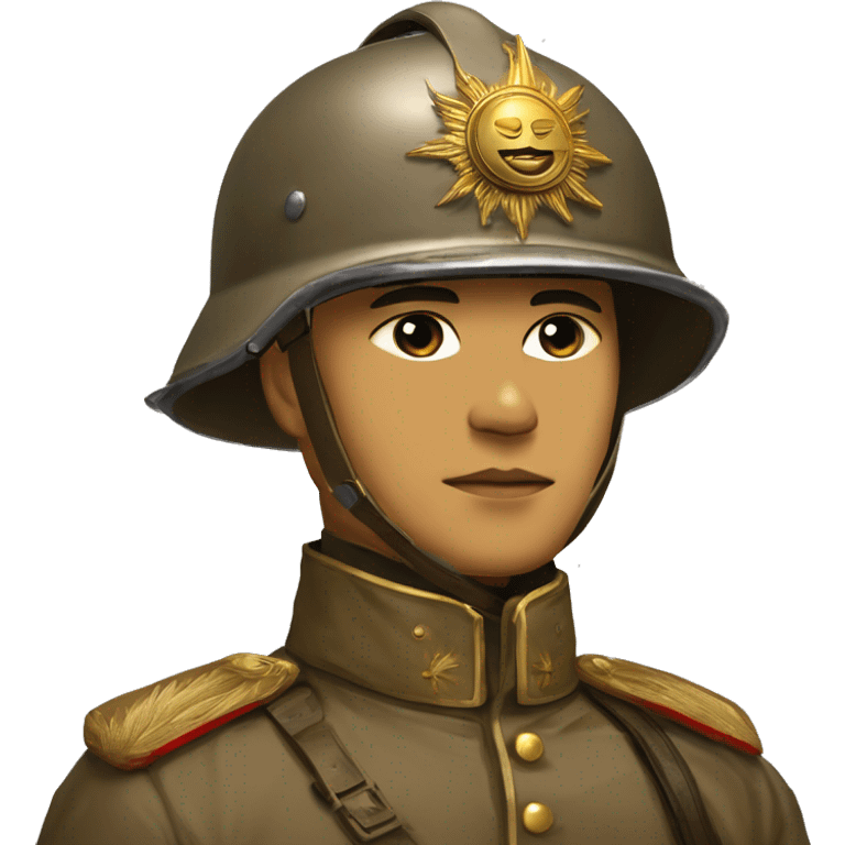 Filipino Republican Soldier year era ww1, with a Pickelhaube Überzug helment from ww1 exposing the gold Spike on the top of the helmet, the helmet a symbol of the sun, Russian uniform brown. emoji