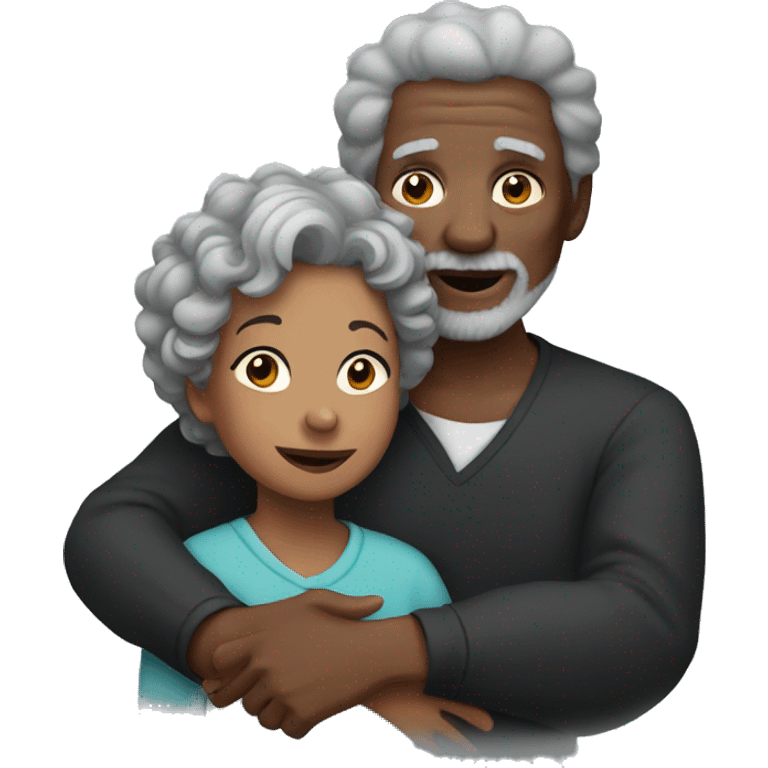 Elderly black woman with gray curly hair hugging a black boy with dark black hair. emoji