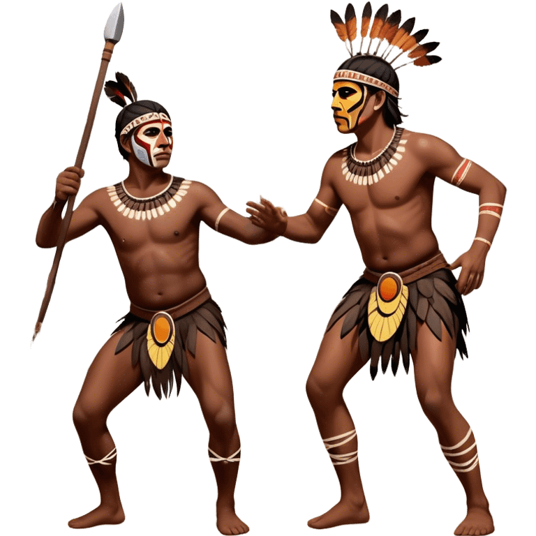 Cinematic Realistic scene of two indigenous male aboriginals performing an Aboriginal Corroboree, adorned in traditional body paint, A corroboree is an Australian Aboriginal ceremonial meeting. It usually includes celebration of Aboriginal mythology and spirituality, which is based in the Dreaming emoji