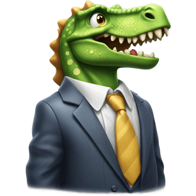 Sweaty dinosaur wearing shirt and tie emoji