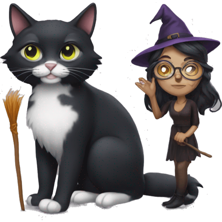 witch with eyeglasses with dark hair ith cat emoji