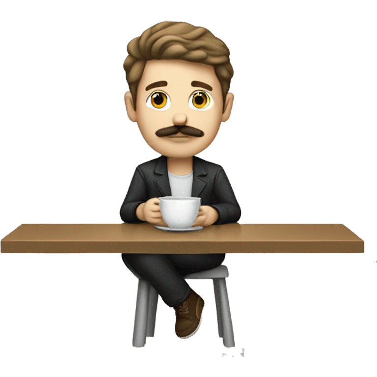 white boy with dark blond hair and a mustache waiting with a cup emoji