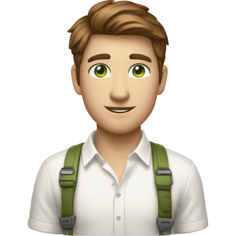 Brown short haired, green eyes, white shirt, AirPods, developer with macbook emoji