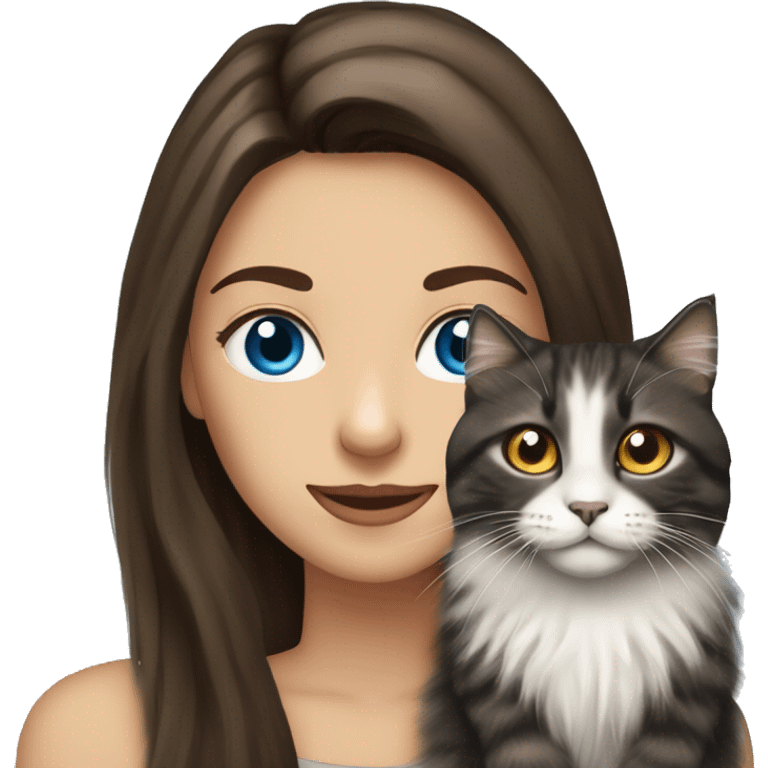 long straight haired blue eyed brunette woman holding norwegian forest cat with amber eyes emoji