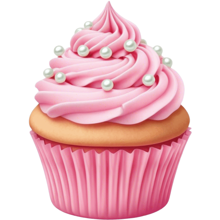 Cinematic Realistic Pink Cupcakes, fluffy pastel pink frosting swirled elegantly on top of golden cupcakes, tiny edible pearls adding a delicate touch, soft warm lighting creating a dreamy atmosphere, glowing with sweetness and charm. emoji