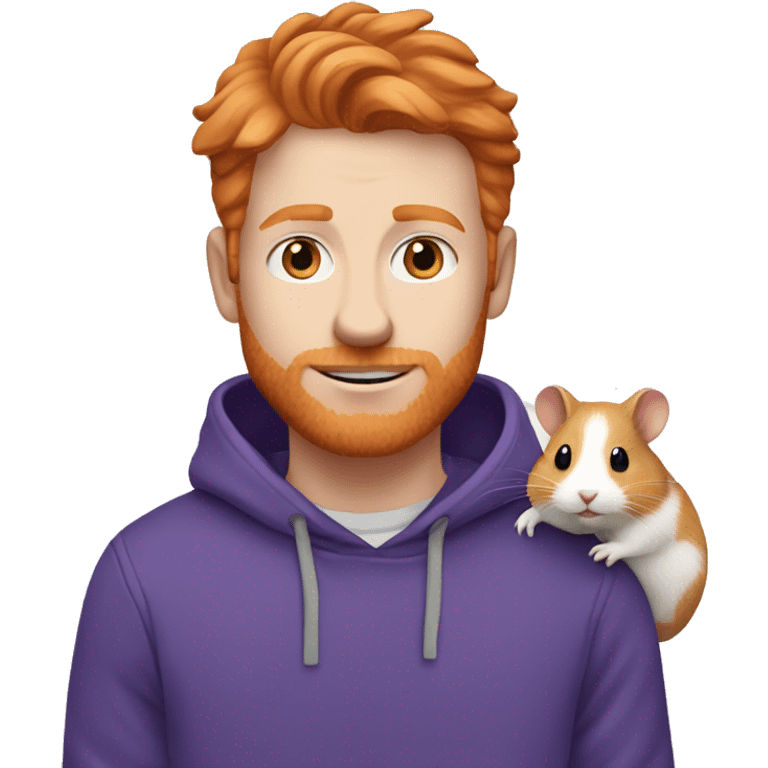 ginger man with blue eyes wearing purple hoodie holding a white hamster emoji